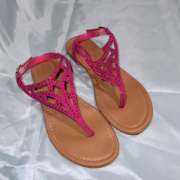 Pink Rhinestone T-Strap Sandals - Picture 1 of 6
